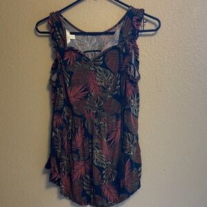 Time and Tru Tropical Leaf Print Blouse - Black and Red 25001